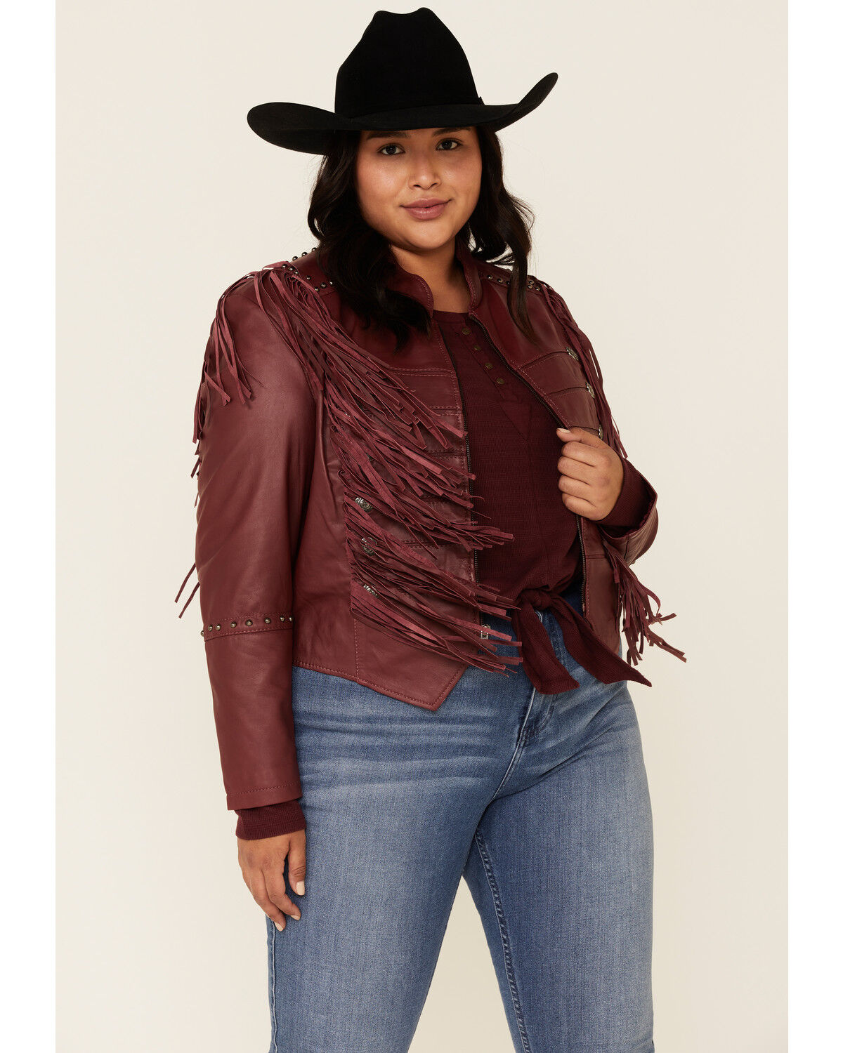 Image #1 - Liberty Wear Women's Burgundy Fringe Sheep Napa Jacket - Plus , , hi-res