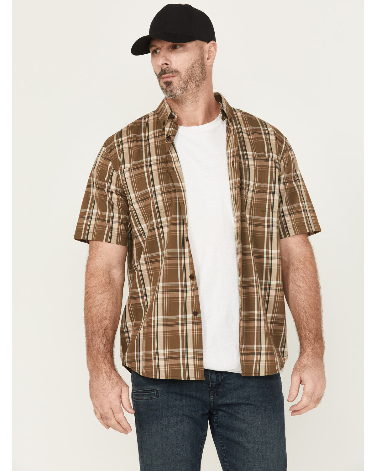 Image #1 - Dickies Men's Flex Plaid Print Short Sleeve Button-Down Work Shirt, Olive, hi-res