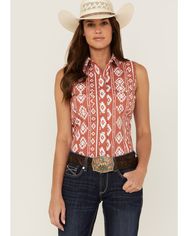 Wrangler Women's Southwestern Sleeveless Western Shirt, Rust Copper, hi-res