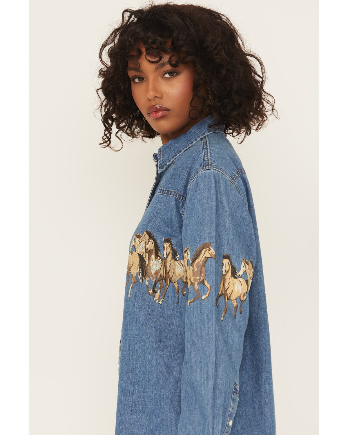 Image #2 - Wrangler Retro Women's Medium Wash Running Horse Denim Long Sleeve Snap Western Shirt, Dark Wash, hi-res