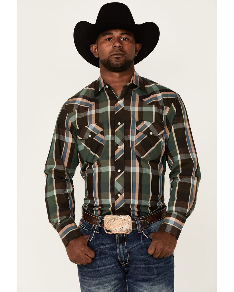 Roper Men's Olive Large Plaid Long Sleeve Snap Western Shirt , Green, hi-res