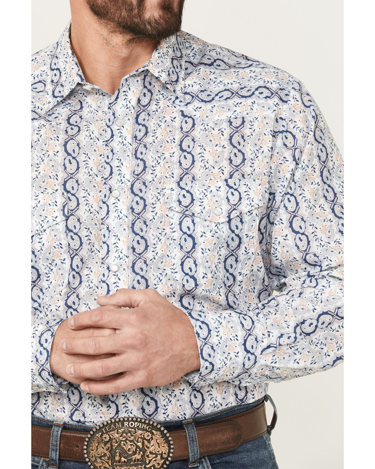 Image #3 - Roper Men's Wallpaper Floral Print Short Sleeve Snap Stretch Western Shirt, Blue, hi-res