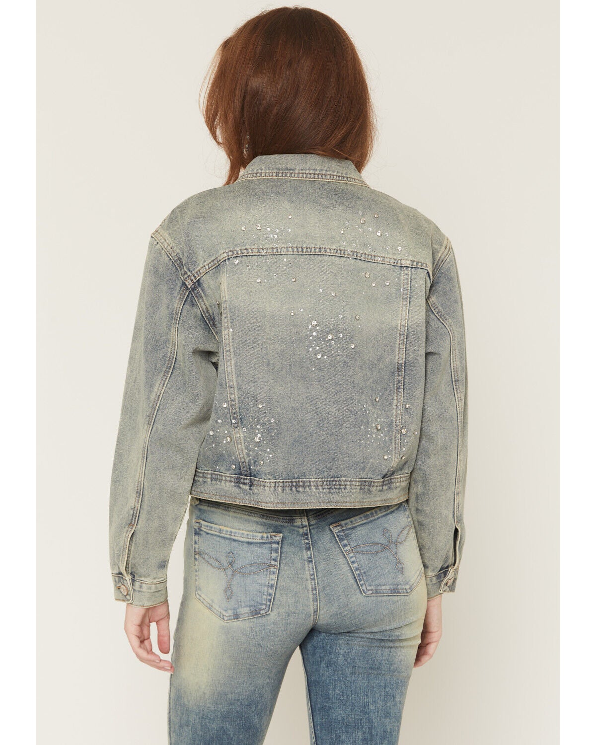 Image #4 - Azalea Wang Women's Medium Wash Rhinestone Button-Down Cropped Denim Jacket, Medium Wash, hi-res