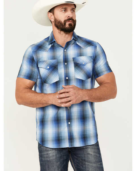 Pendleton Men's Frontier Plaid Print Short Sleeve Pearl Snap Western Shirt, Blue, hi-res