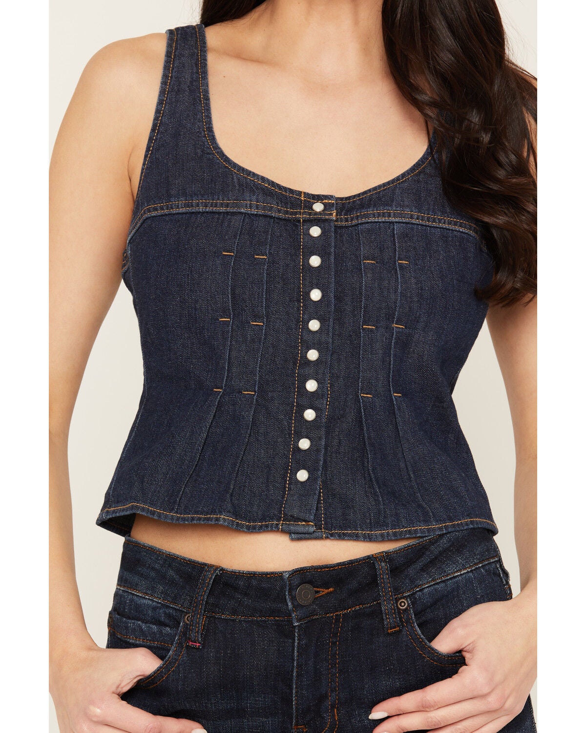 Image #3 - Wrangler Women's Dark Wash Pleated Sleeve Snap Denim Tank Top, Dark Wash, hi-res