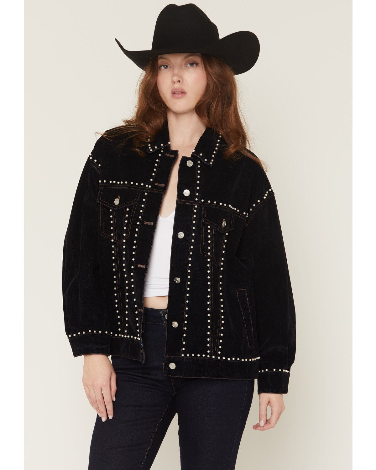 Azalea Wang Women's Dark Wash Pearl Studded Button-Down Denim Jacket, Dark Wash, hi-res