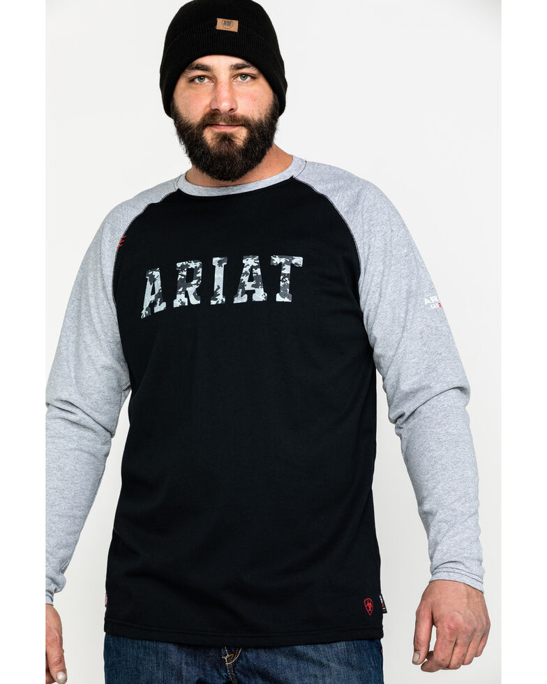 Ariat Men's FR Baseball Logo Crew Long Sleeve Work T-Shirt , Grey, hi-res