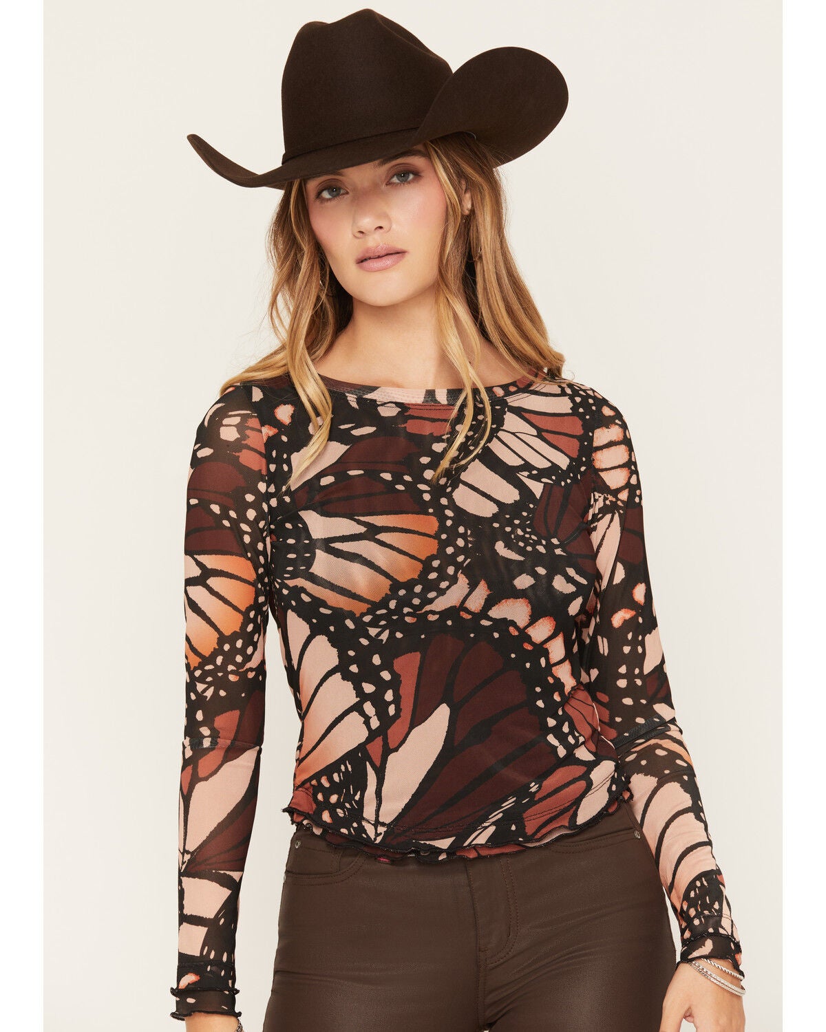 Wild Moss Women's Butterfly Long Sleeve Mesh Top, Brown, hi-res
