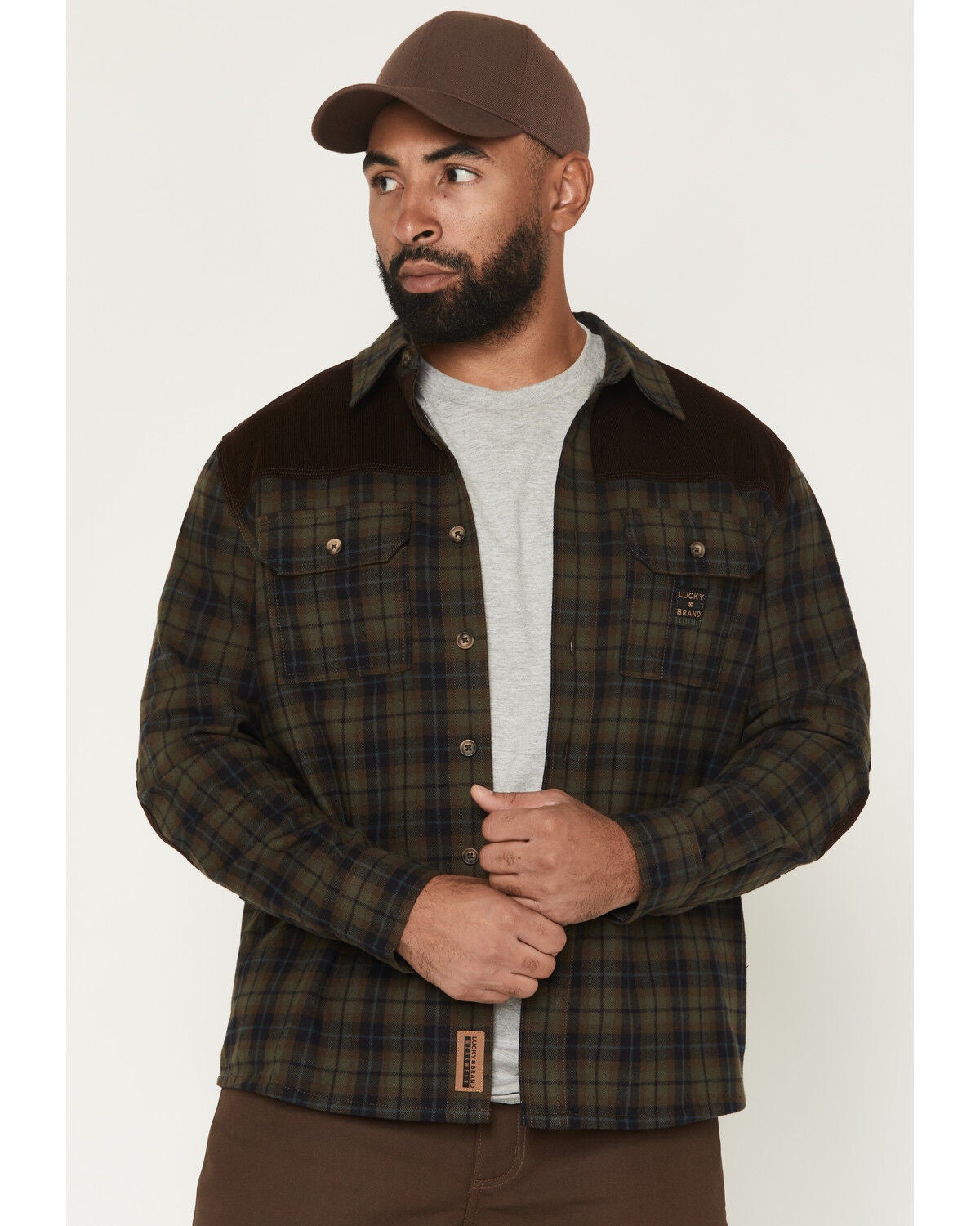Image #1 - Lucky Brand Workwear Men's Plaid Print Flannel Corduroy Yoke Work Shirt, Olive, hi-res