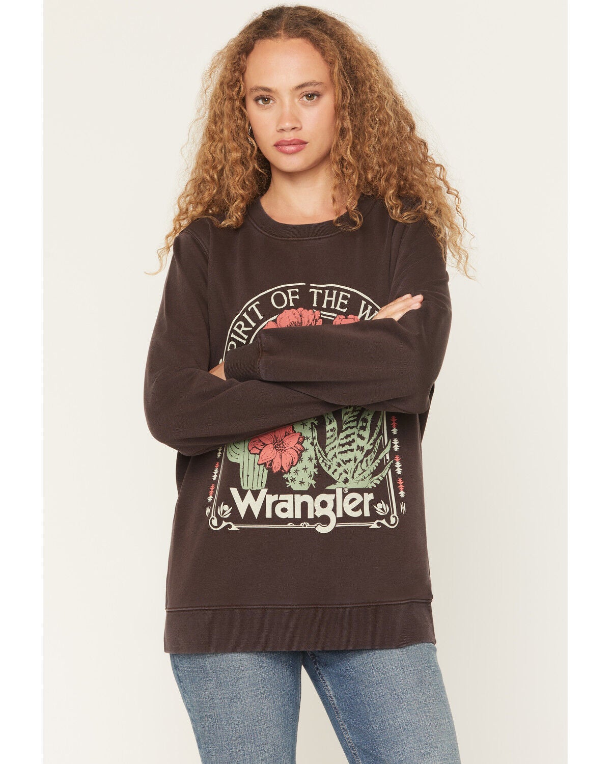 Wrangler Women's Cactus Graphic Crew Neck Sweatshirt, Black, hi-res