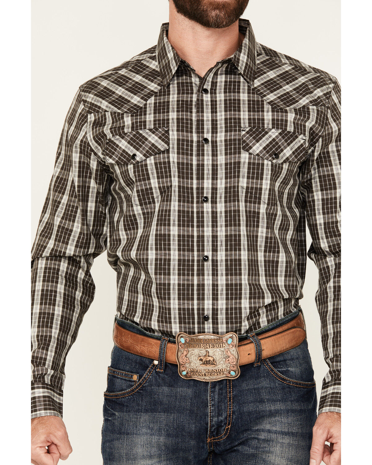 Image #3 - Gibson Trading Co Men's Dark Knight Plaid Print Long Sleeve Snap Stretch Western Shirt, Black, hi-res