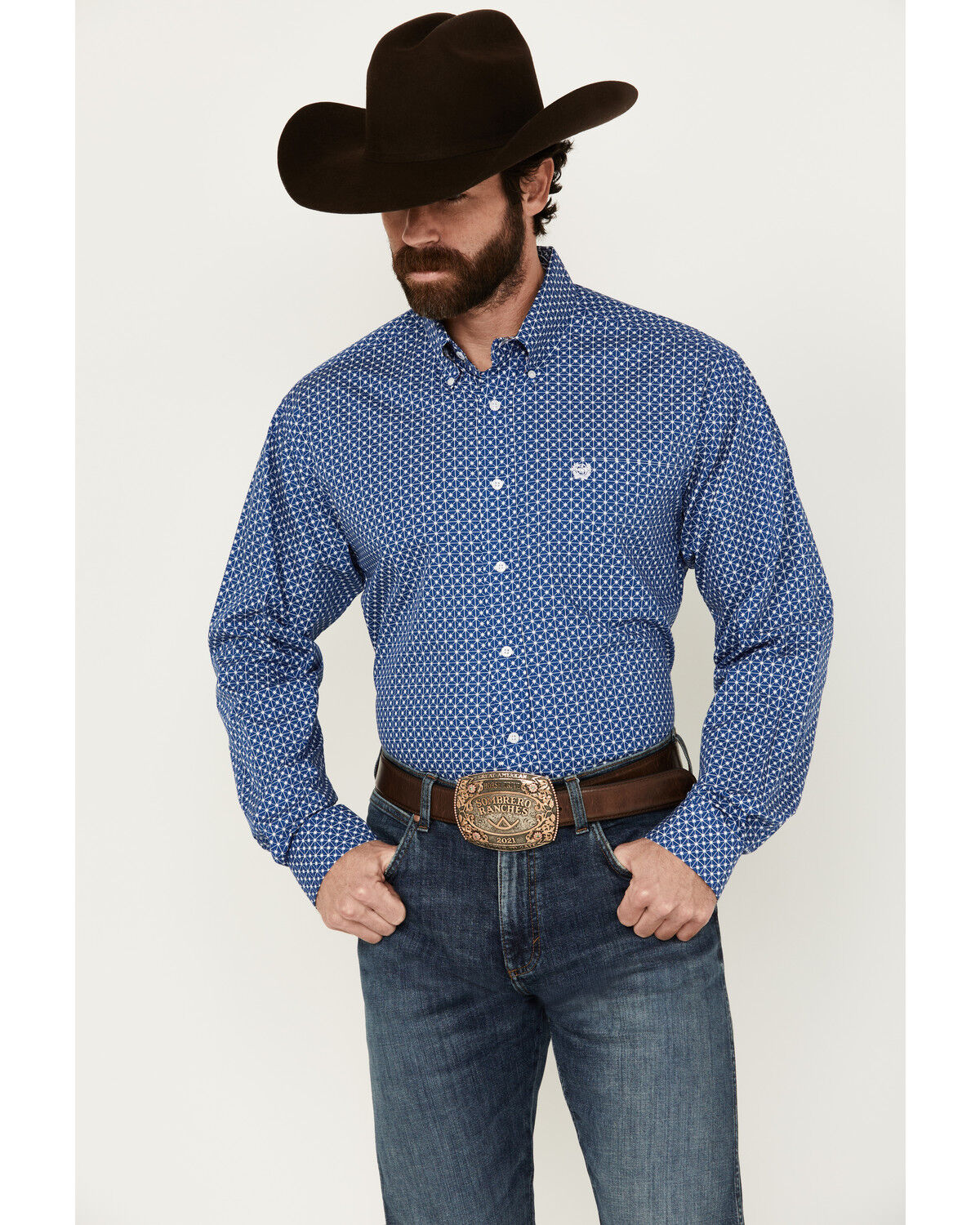 Image #1 - Cinch Men's Geo Print Long Sleeve Button-Down Western Shirt, Royal Blue, hi-res