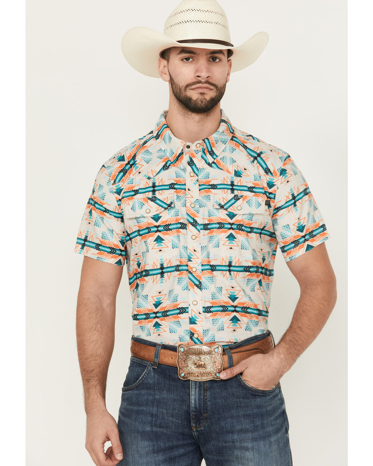 Image #1 - Panhandle Men's Boot Barn Exclusive TEK Southwestern Print Short Sleeve Performance Western Shirt, Cream, hi-res