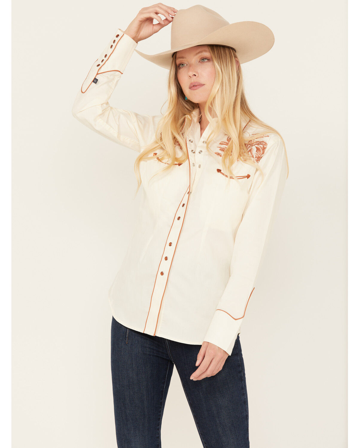 Image #1 - Rockmount Ranchwear Women's Embroidered Scenic Long Sleeve Pearl Snap Western Shirt, Ivory, hi-res