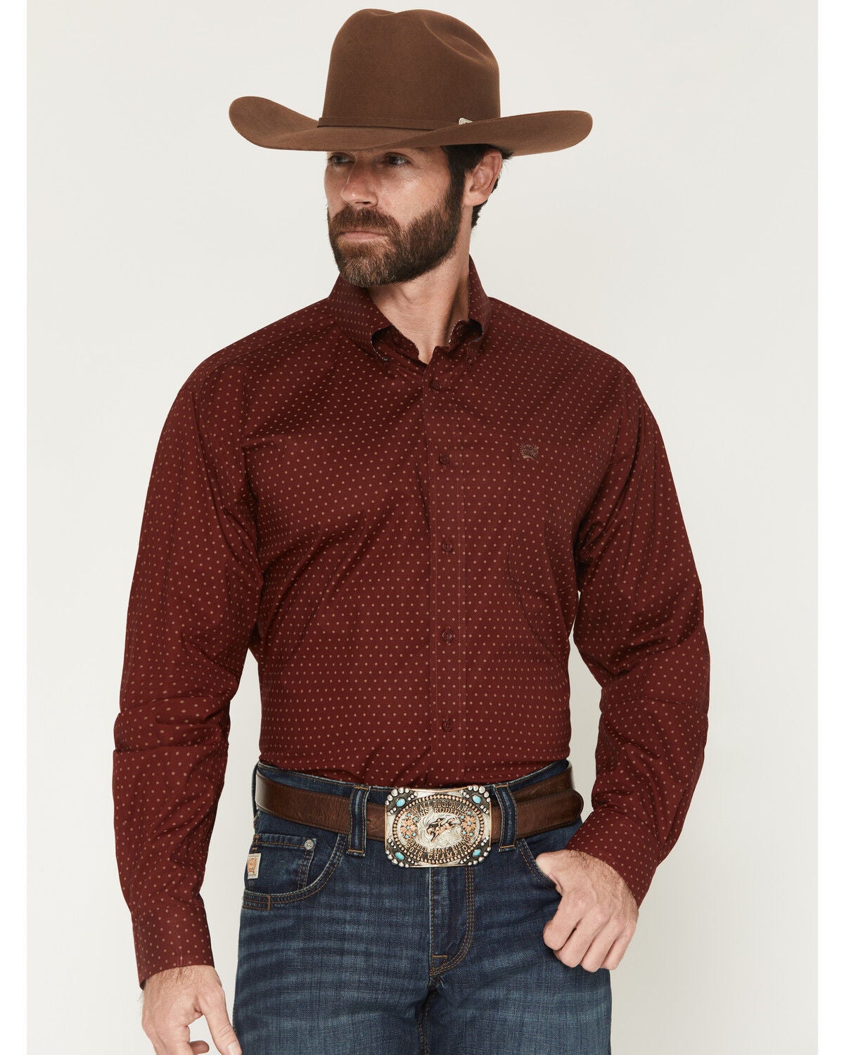 Cinch Men's Polka Dot Print Long Sleeve Button-Down Stretch Western Shirt, Burgundy, hi-res