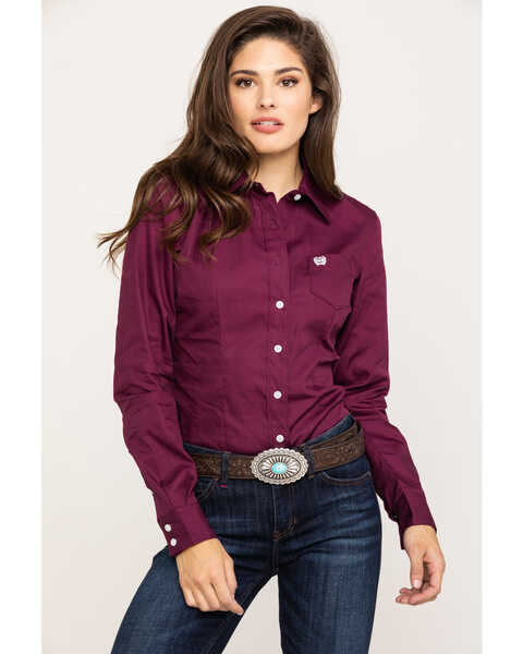 Image #1 - Cinch Women's Burgundy Button-Down Long Sleeve Western Shirt , Burgundy, hi-res