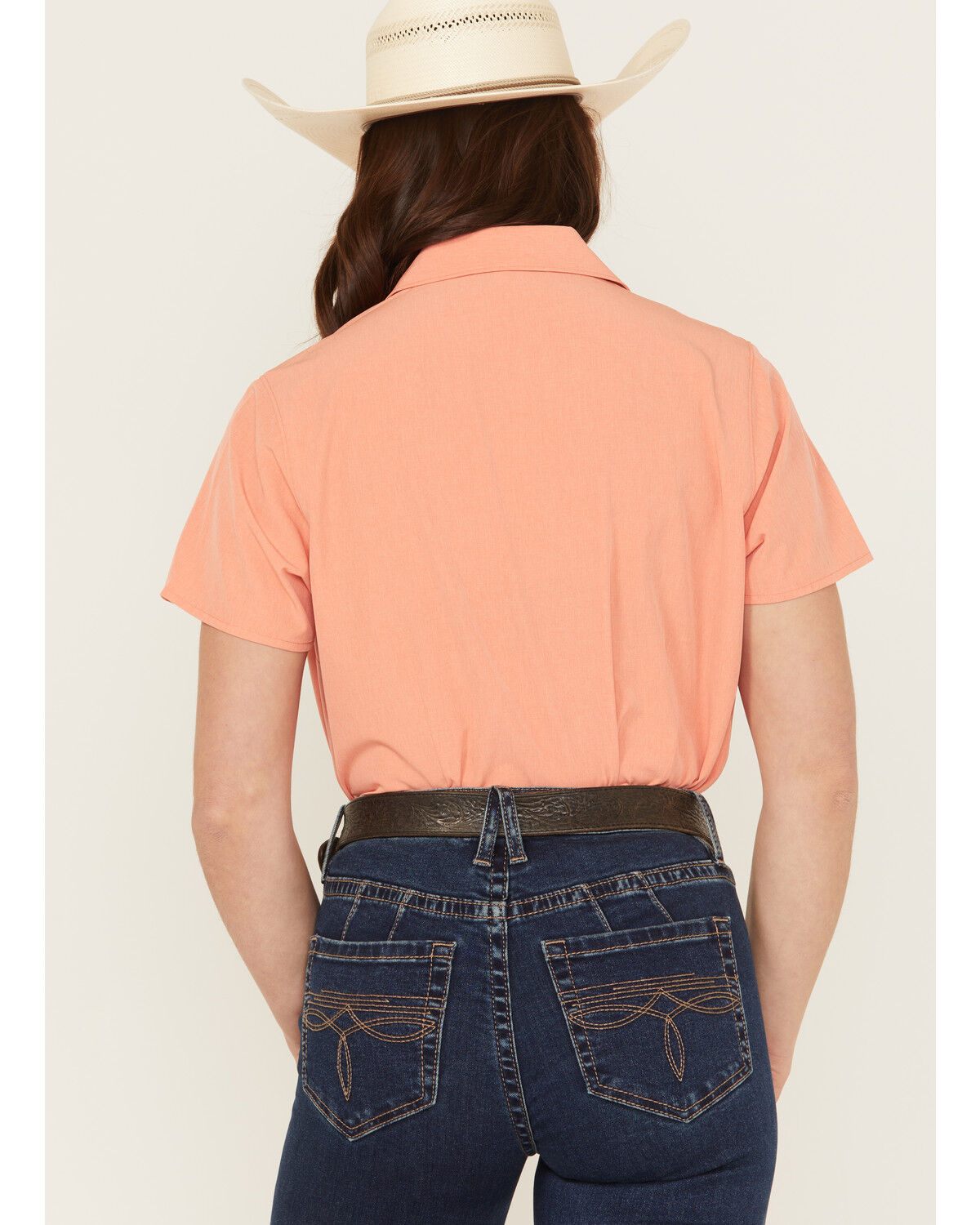 Image #4 - Cinch Women's Solid Short Sleeve Button-Down Stretch Western Shirt, Coral, hi-res