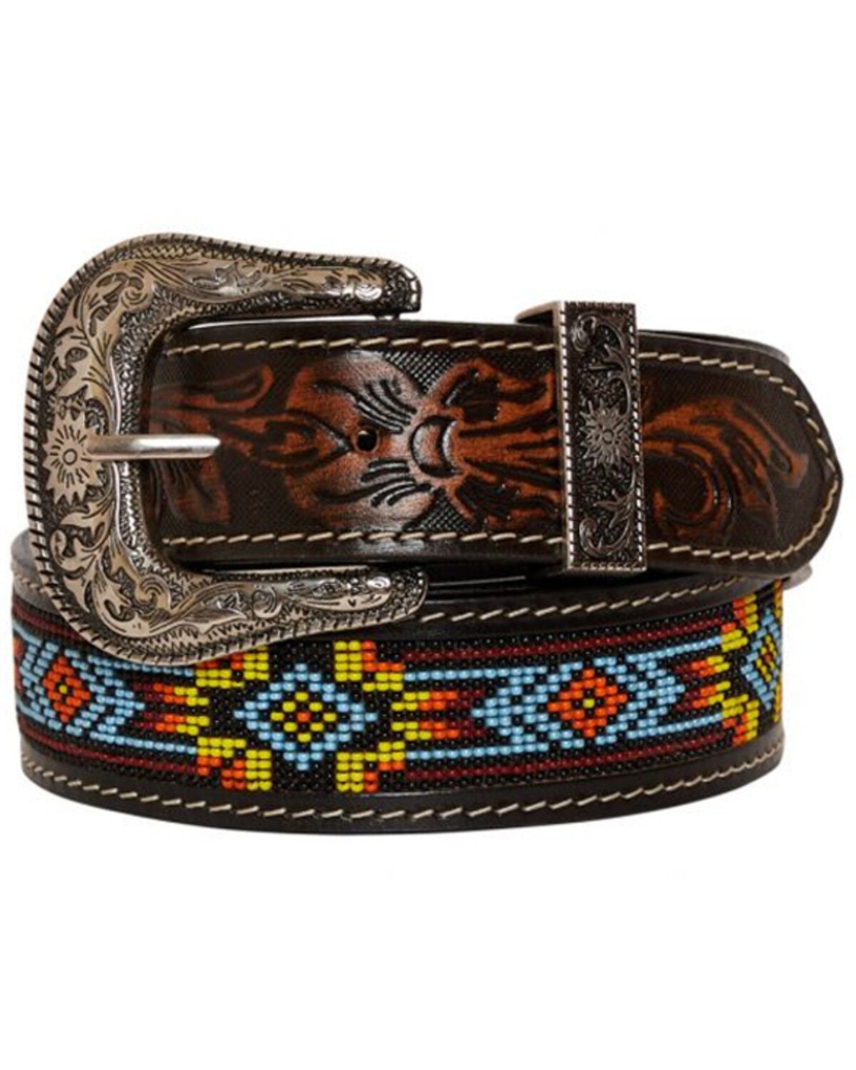 Myra Bag Women's Polychrome Southwestern Hand-Tooled Leather Belt, Brown, hi-res