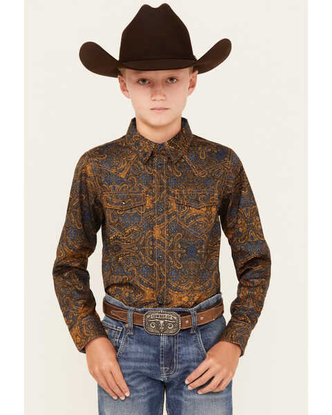 Cody James Boys' Winding Roads Printed Long Sleeve Pearl Snap Western Shirt , Chocolate, hi-res