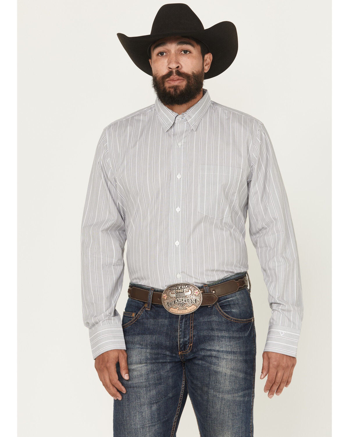 Wrangler X Cody Johnson Men's Striped Long Sleeve Button-Down Western Shirt, Grey, hi-res