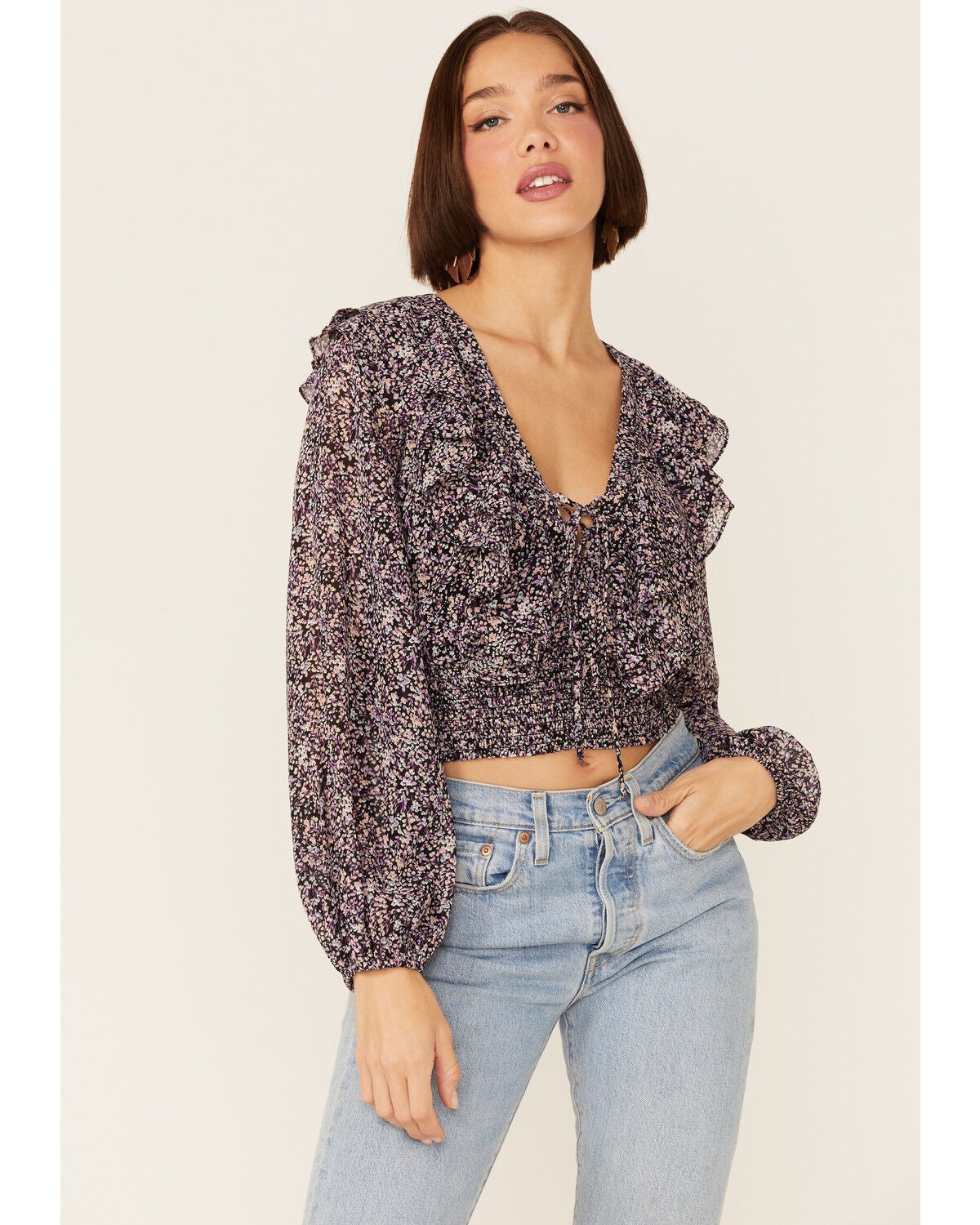 Lush Women's Floral Cinch Front Top, Blue, hi-res
