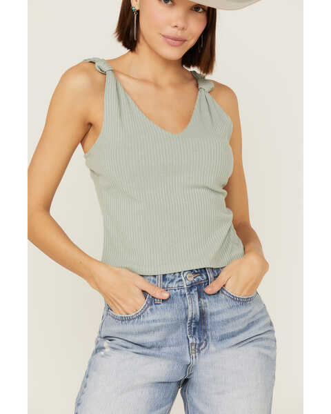 Image #2 - Miss Me Women's Found My Love Knot Jade Ribbed Tank, Sage, hi-res