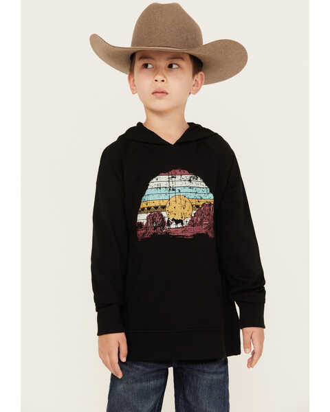 Image #1 - Rock & Roll Denim Boys' Sunset Graphic Hooded Sweatshirt, Black, hi-res