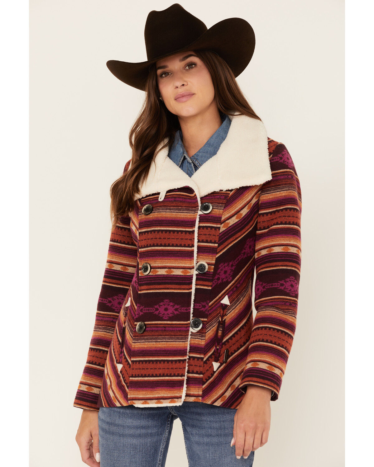 Image #1 - Powder River Outfitters Women's Southwestern Print Jacquard Sherpa-Lined Coat, Red, hi-res