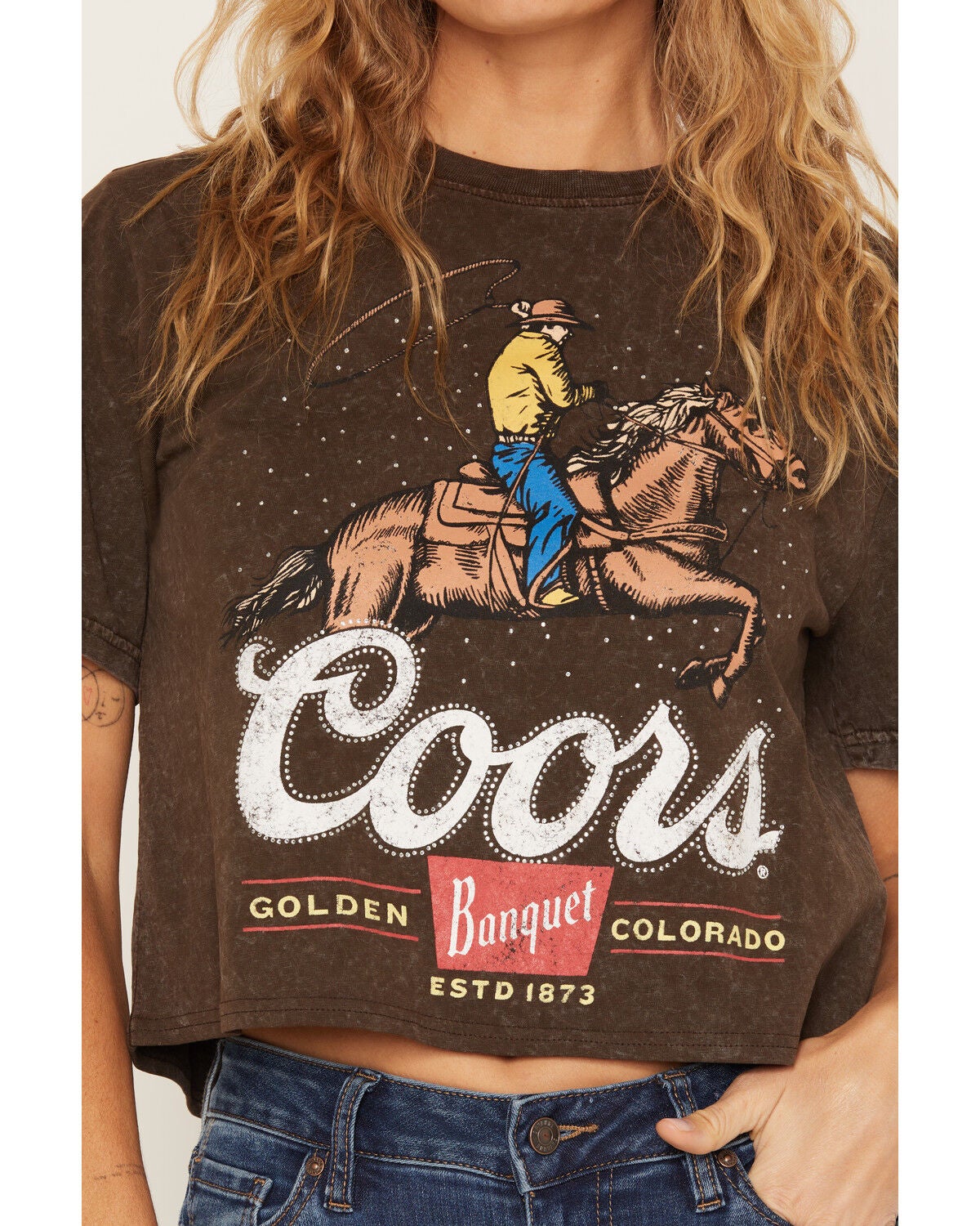 Image #3 - Coors Women's Cowboy Short Sleeve Cropped Graphic Tee, Brown, hi-res