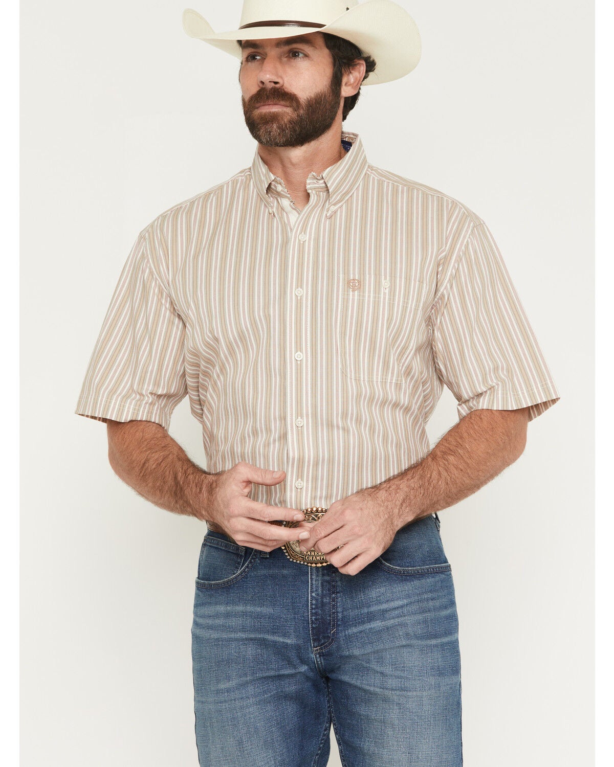 George Strait by Wrangler Men's Striped Short Sleeve Button-Down Stretch Western Shirt, Tan, hi-res
