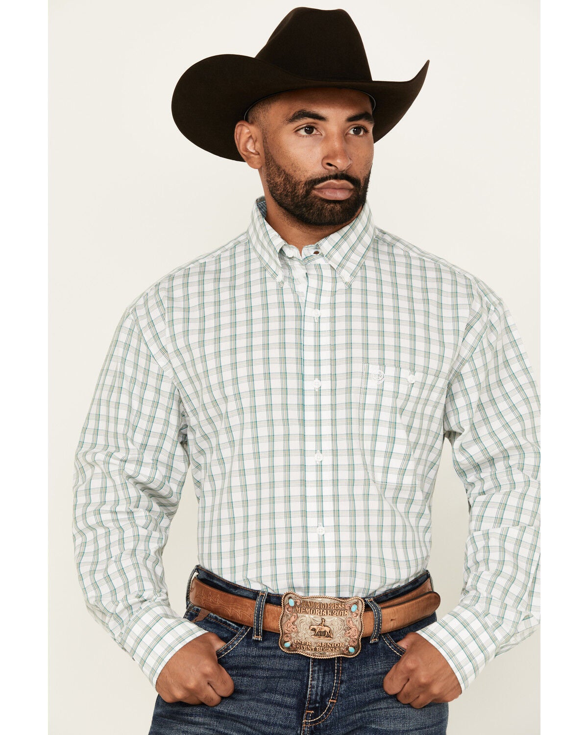 George Strait by Wrangler Men's Plaid Print Long Sleeve Button-Down Stretch Western Shirt, White, hi-res