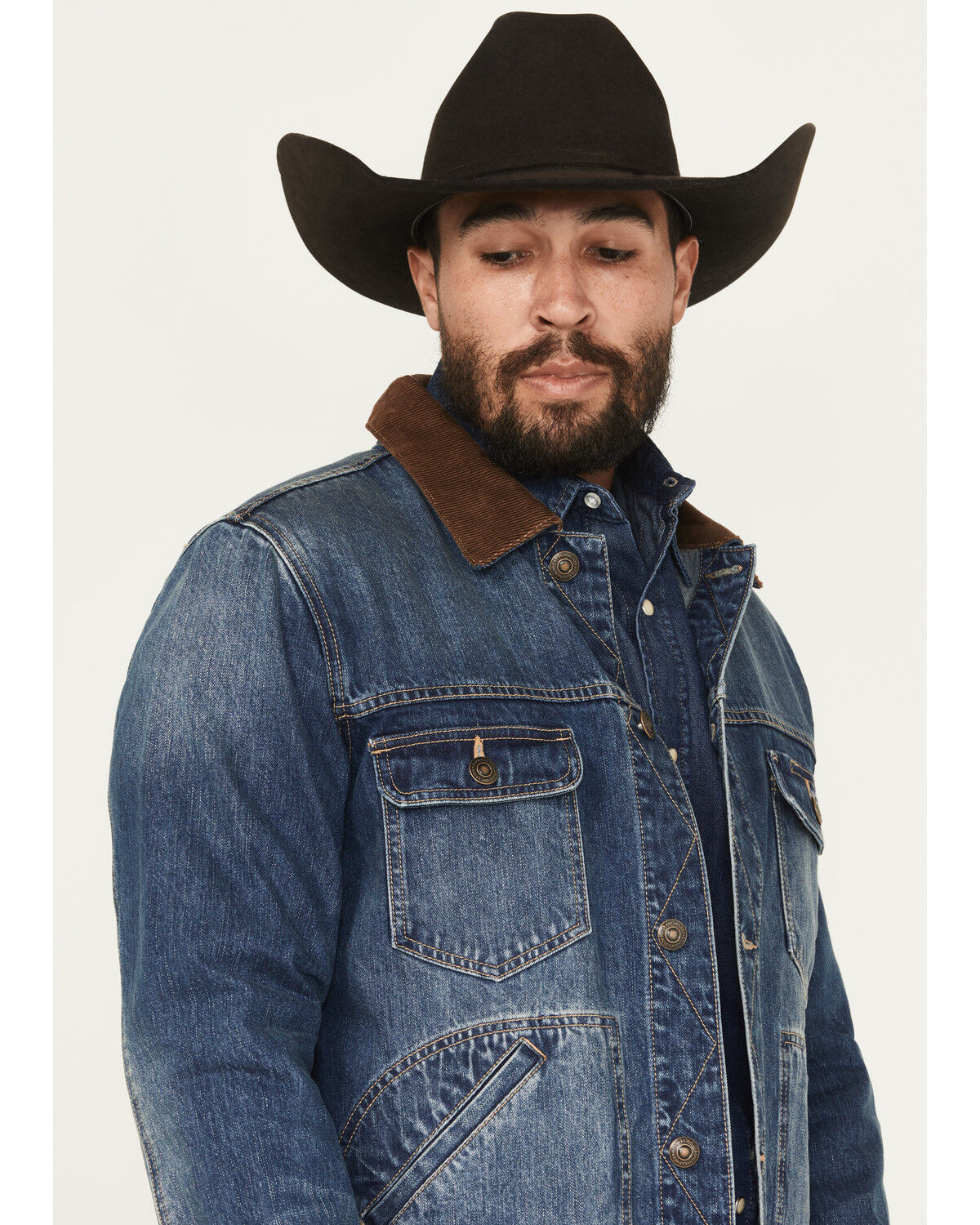 Image #2 - Blue Ranchwear Men's Canyon Corduroy Collar Denim Jacket, Dark Wash, hi-res