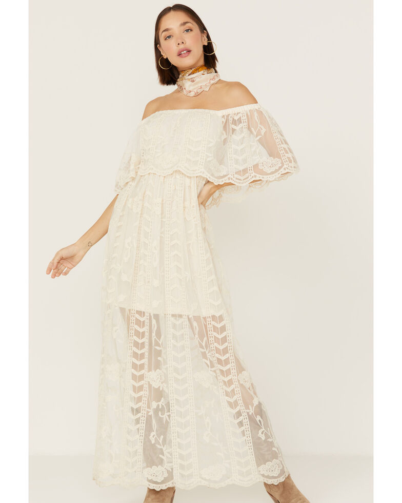 Wishlist Women's Off Shoulder Lace Overlay Maxi Dress , Off White, hi-res