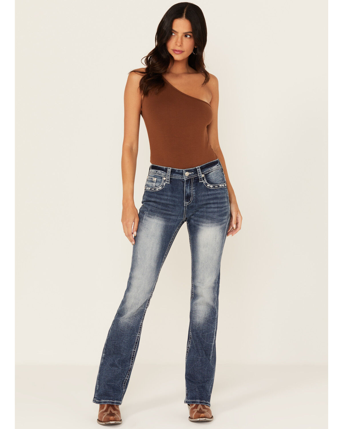Image #3 - Grace In LA Women's Medium Wash Cross Embroidered Mid Rise Bootcut Stretch Denim Jeans, Medium Wash, hi-res