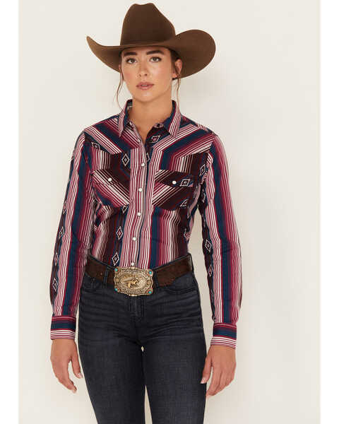 RANK 45 Women's Southwestern Stripe Print Heritage Snap Stretch Western Riding Shirt, Burgundy, hi-res