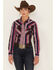 Image #1 - RANK 45® Women's Southwestern Stripe Print Heritage Snap Stretch Western Riding Shirt, Burgundy, hi-res