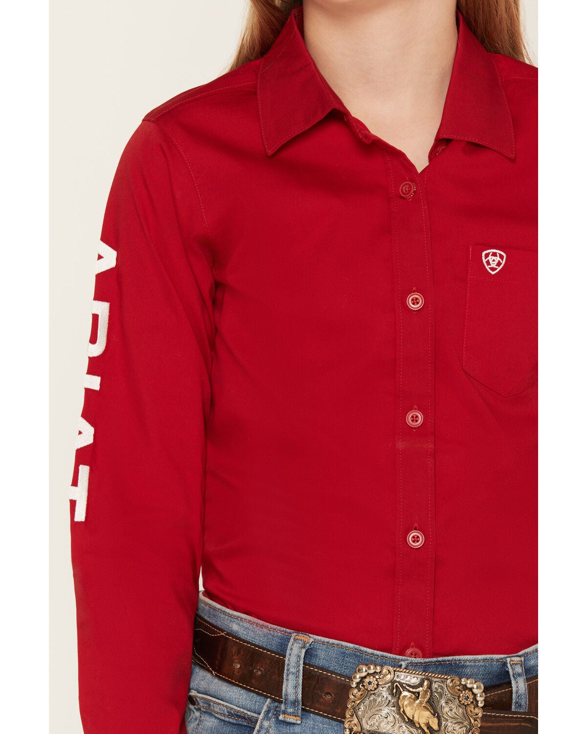 Image #3 - Ariat Girls' Team Kirby Logo Long Sleeve Button-Down Stretch Western Shirt, Red, hi-res