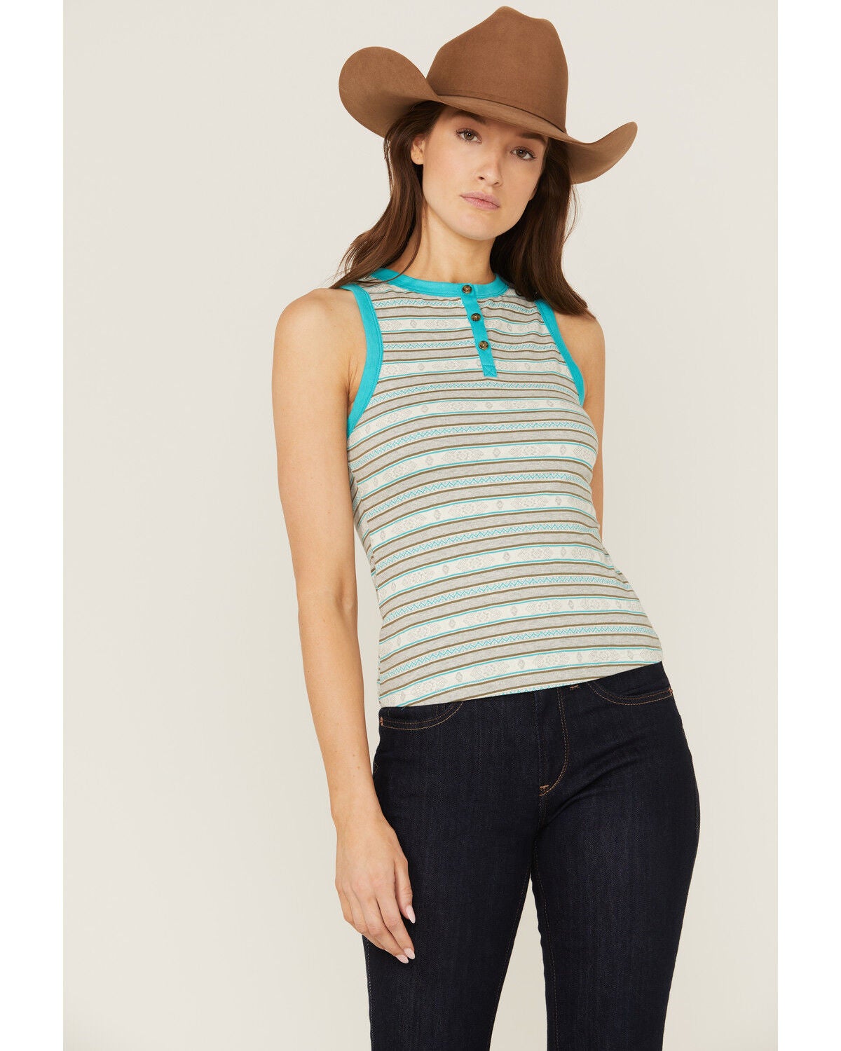 RANK 45&reg; Women's Southwestern Stripe No Yank Henley Tank, Teal, hi-res