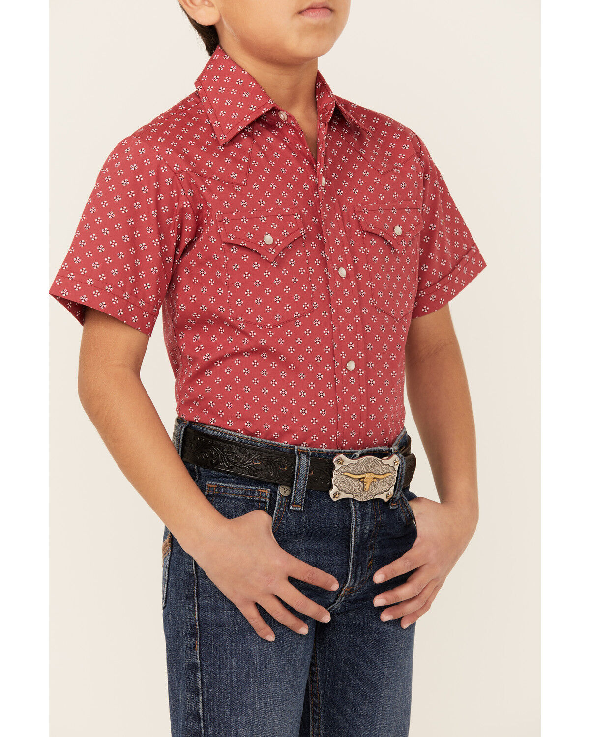 Image #3 - Ely Walker Boys' Bandana Print Short Sleeve Snap Western Shirt, Red, hi-res