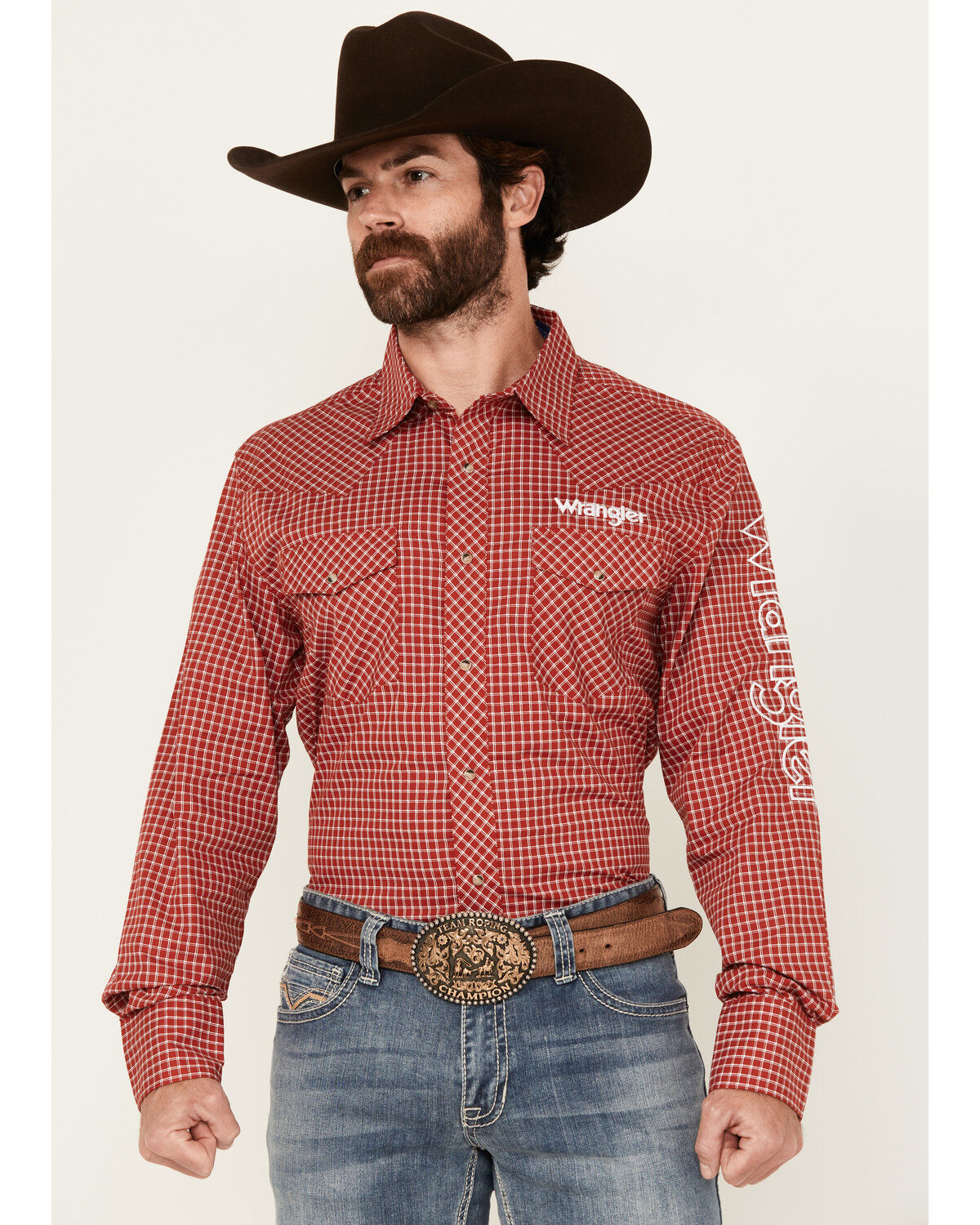 Image #1 - Wrangler Men's Logo Checkered Print Long Sleeve Snap Western Shirt - Tall, Red, hi-res