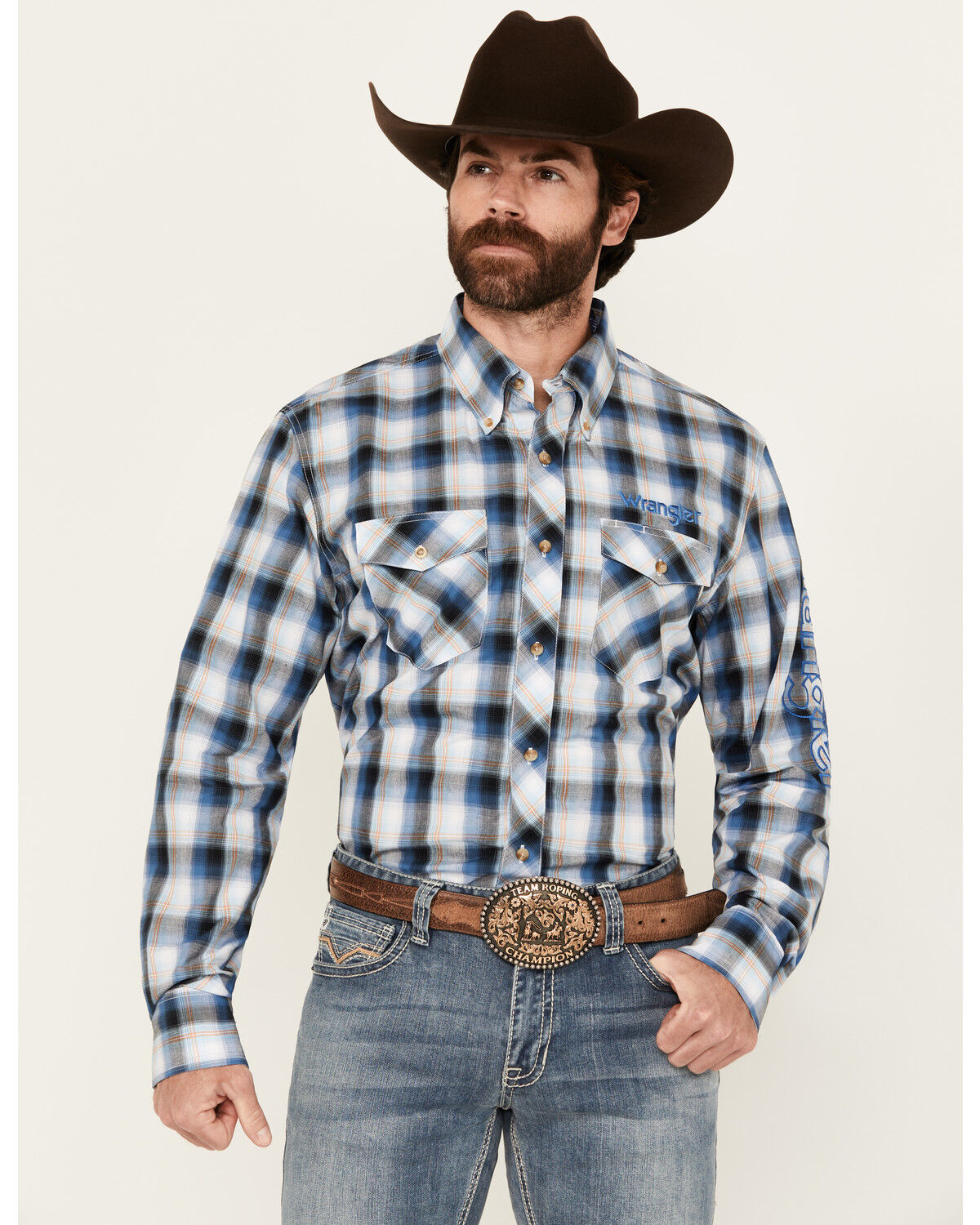 Image #1 - Wrangler Men's Logo Plaid Print Long Sleeve Button-Down Western Shirt, Blue, hi-res