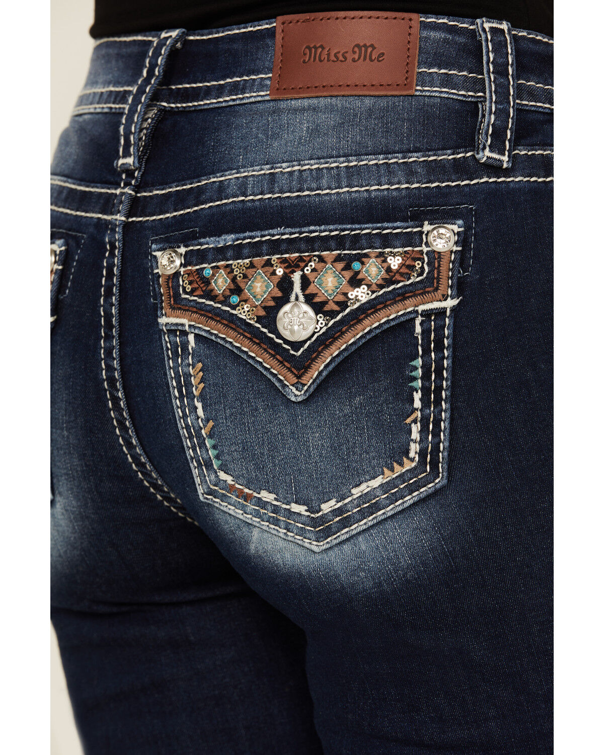Image #2 - Miss Me Women's Dark Wash Geo Print Faux Flap Pocket Mid Rise Bootcut Denim Stretch Jeans, Dark Wash, hi-res