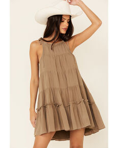 Very J Women's High Neck Tiered Dress , Olive, hi-res