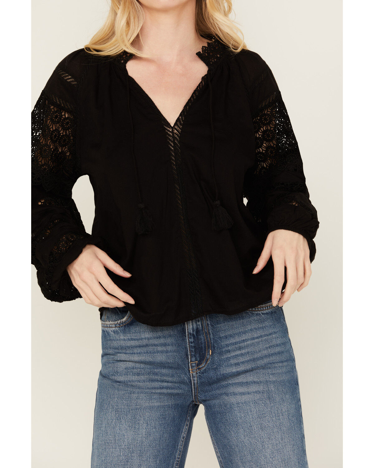 Image #3 - Revel Women's Long Sleeve Crochet Trim Top, Black, hi-res
