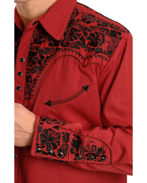 Image #2 - Scully Men's Embroidered Red Retro Long Sleeve Western Shirt, Red, hi-res