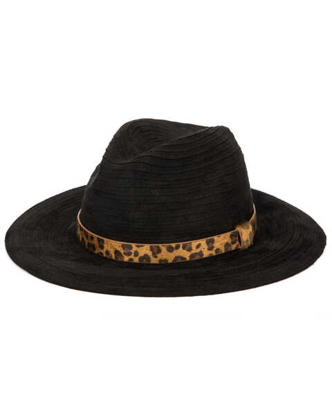 San Diego Hat Company Women's Faux Suede Leopard Band Fedora Hat , Black, hi-res