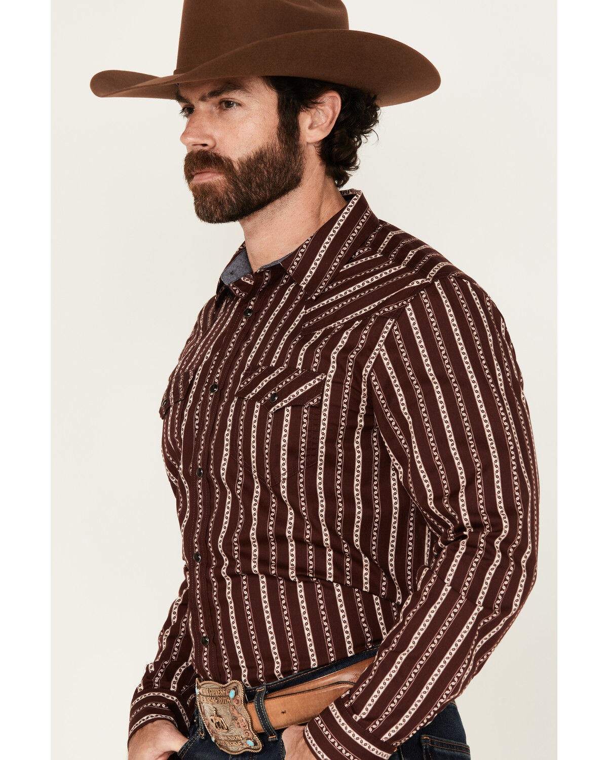 Image #2 - Cody James Men's Hansen Vertical Striped Wallpaper Print Long Sleeve Snap Western Shirt, Burgundy, hi-res