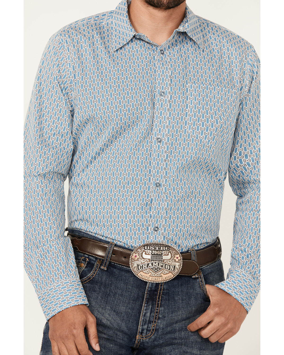 Image #3 - Gibson Trading Co Men's Bullseye Geo Print Long Sleeve Button-Down Western Shirt, Light Blue, hi-res