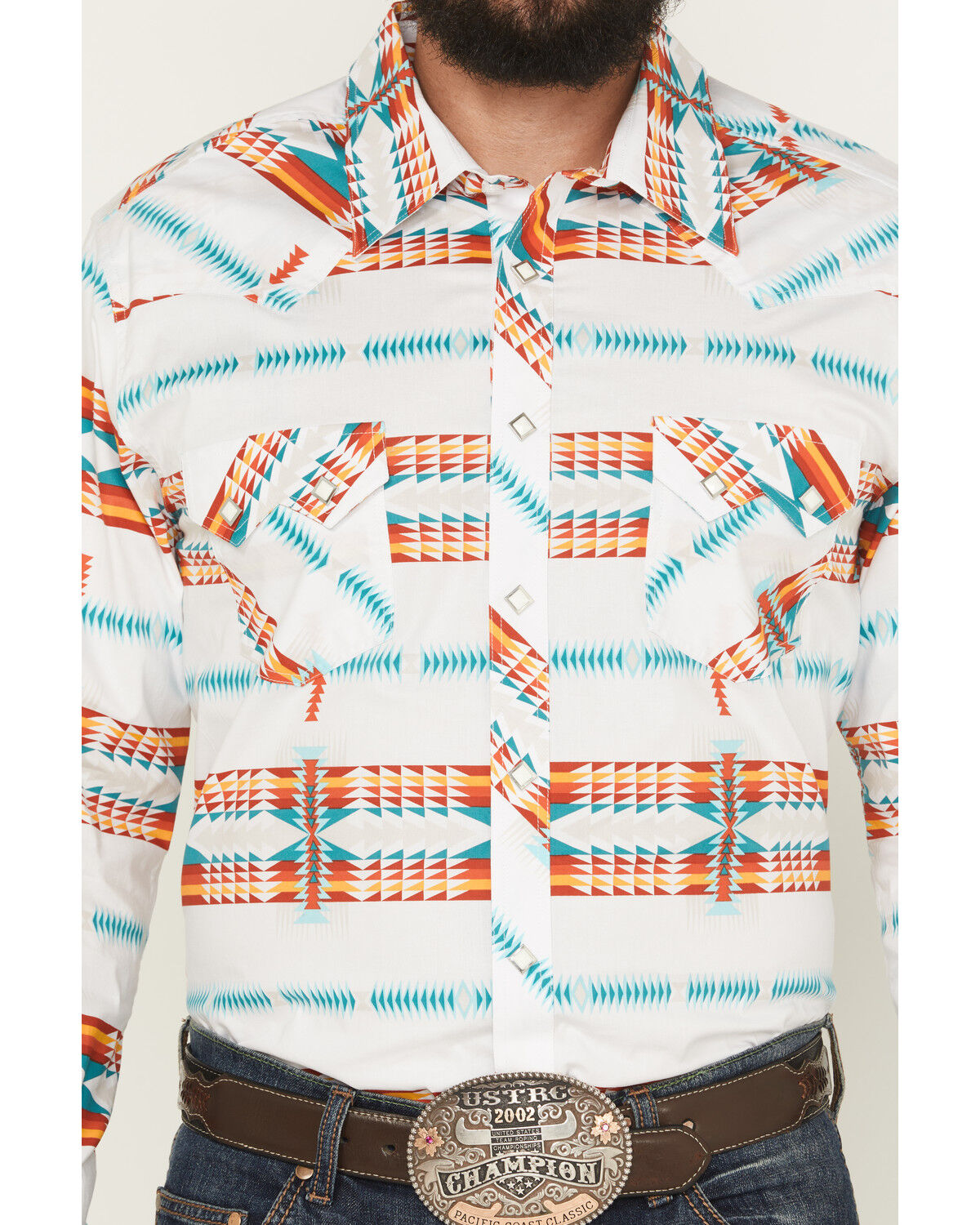 Image #3 - Rock & Roll Denim Men's Southwestern Print Long Sleeve Snap Stretch Western Shirt, White, hi-res