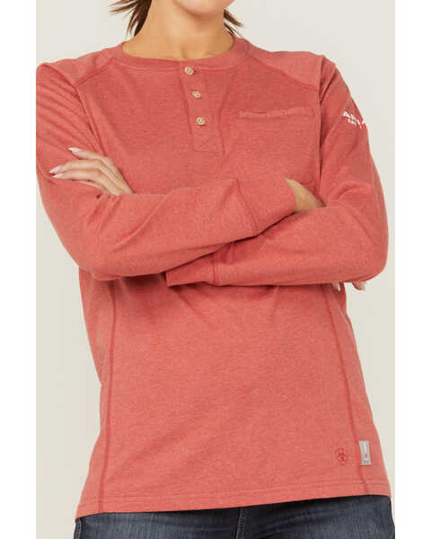 Image #3 - Ariat Women's FR Air Henley Long Sleeve Work Pocket Shirt , Red, hi-res